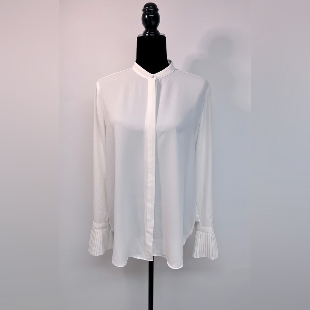 Ann Taylor Collarless Button Down Pleated Cuff Bl… - image 1